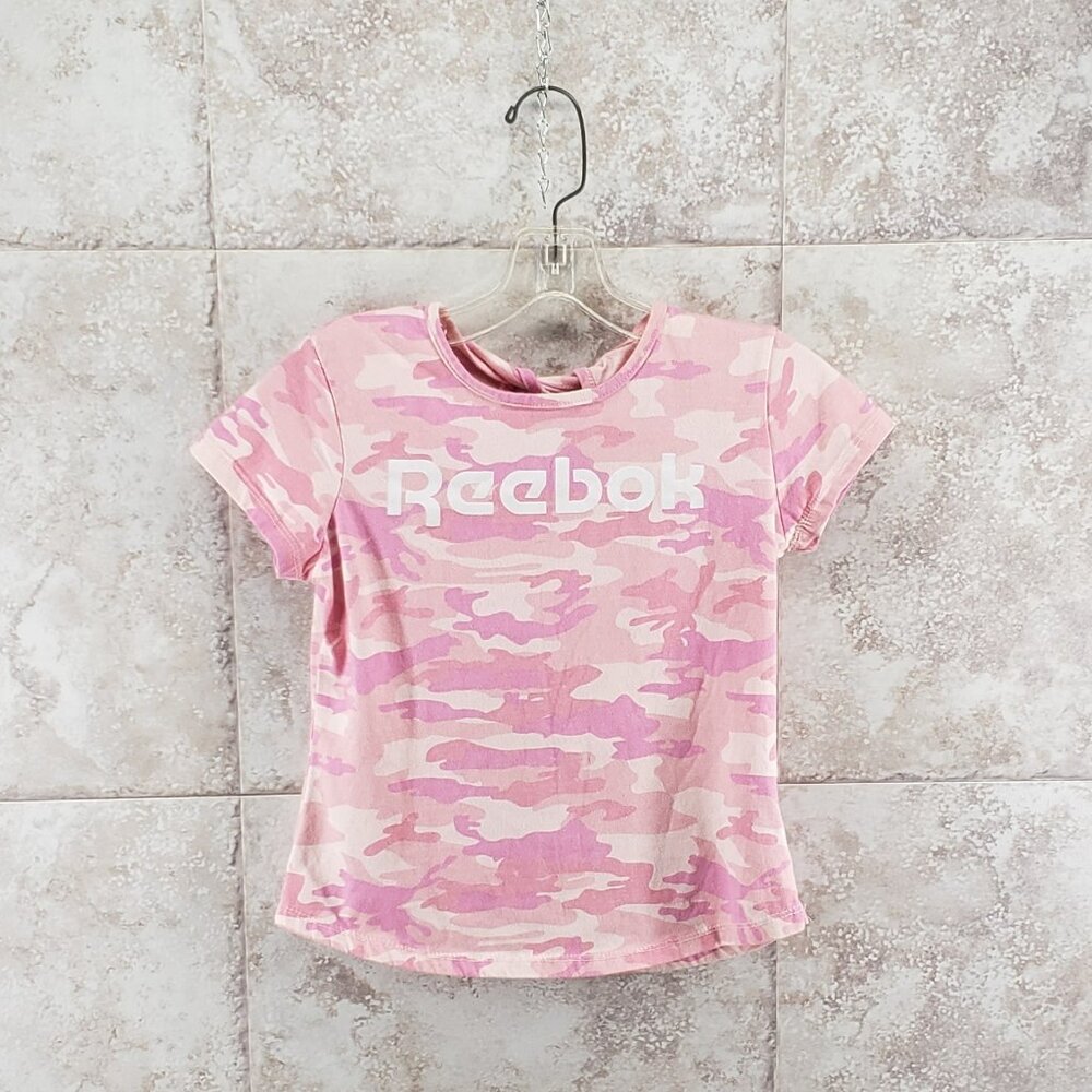 Cap Short Sleeve Glitter Graphic Pink Camo Reebok Twisted Hem Shirt Girls Sz 10